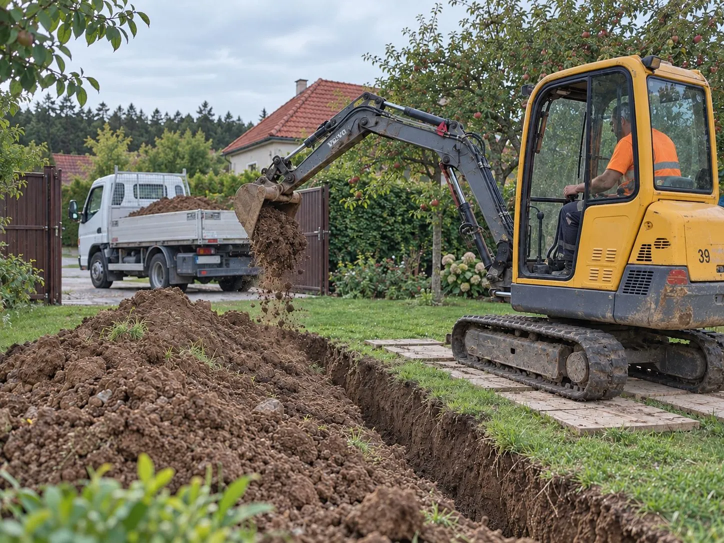 Minibagr kope rýhu na zahradě, u branky stojí valník s hlínou